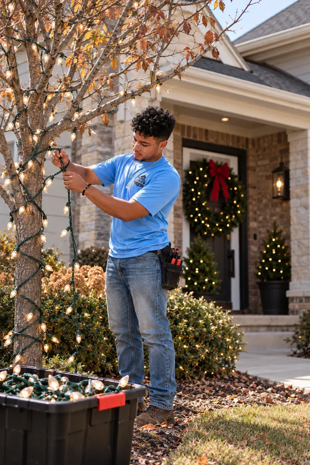 A worker in a blue shirt wraps illuminated string lights around a tree outside a house decorated with a wreath and holiday lights. A tool pouch hangs at his hip, and a bin of lights sits nearby.